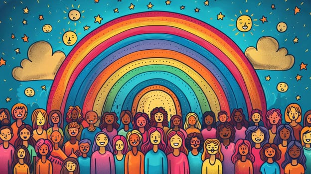 A colorful poster featuring an illustration of a rainbow arching across a sky filled with diverse, smiling faces, set against a pastel background, symbolizing pride and unity.