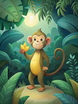 Cute Monkey Cartoon Illustration. Animal On Nature In Cartoon Style. Ai generated illustration