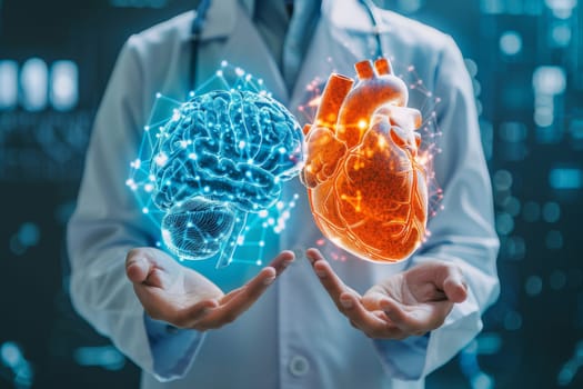 A doctor is holding a heart in his hand and pointing to it. The heart is surrounded by a network of lines, which gives the impression of a computer-generated image