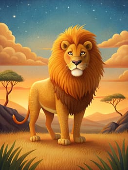 Cute African Lion in Savanna Animals wildlife illustration. Ai generated illustration