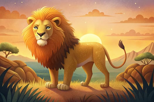 Cute Big African Lion in Savanna Animals wildlife illustration. Ai generated illustration