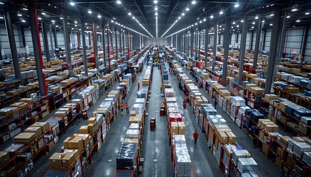 An aerial view of a massive warehouse housing countless boxes, showcasing the citys industrial prowess in mass production and engineering advancement