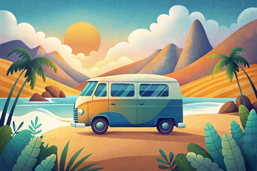 Minivan parking on a beach island, concept of a beach vacation. Ai generated illustration