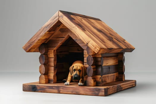 A dog is sitting in a wooden dog house. The dog is brown and he is looking out of the hole in the roof