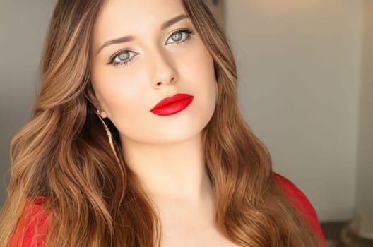 Beauty, makeup and hairstyle, face portrait of beautiful woman, red lipstick make-up and hair styling for skincare cosmetics, hair care, glamour style and fashion look idea