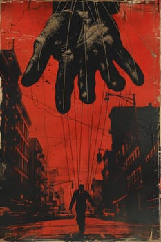 A hand is reaching out to a person in a red and black poster.
