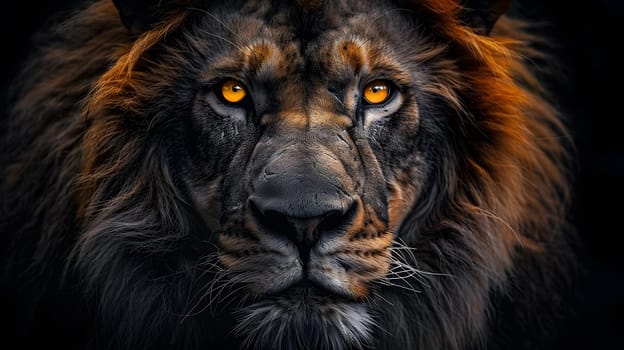 A closeup image of a Masai lions face, showcasing its yellow eyes, whiskers, and fur. This terrestrial carnivore, from the Felidae family, belongs to the group of big cats