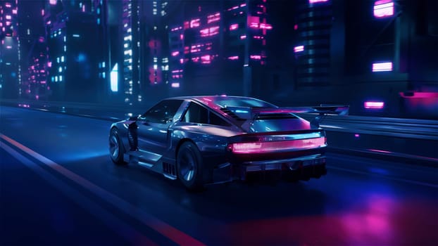 3d render car driving on the city streets at night with neon lights and in a cyberpunk style in 4k