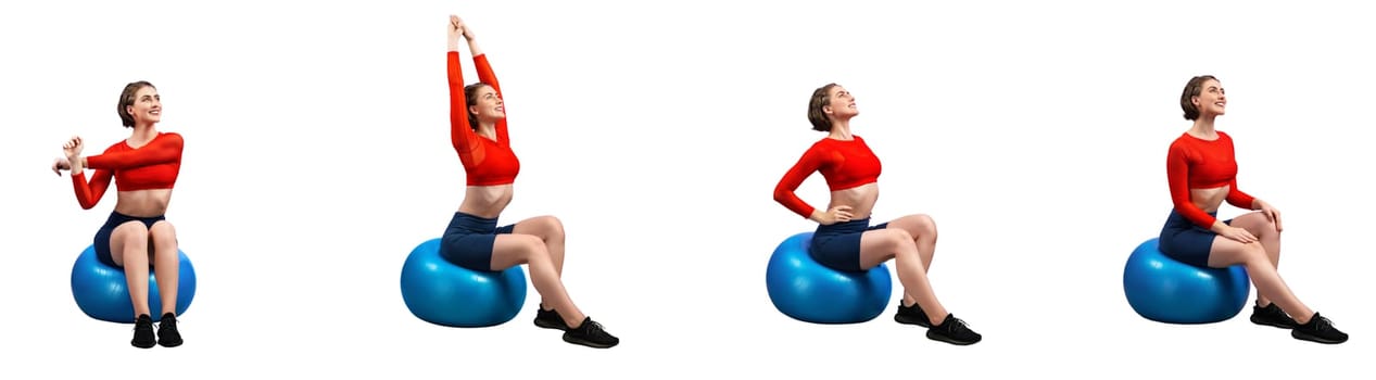 Healthy and active young woman in sportswear with different professional fitness posture set of weight and body training. Ball exercise on isolated background in gaiety full body length shot.