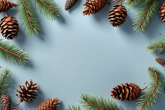 background of Christmas tree branches with pine cones .