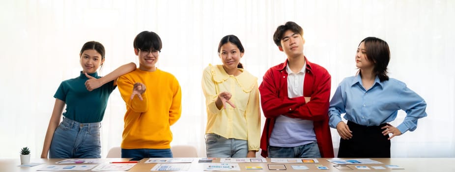 Panoramic banner young happy asian startup company employee wearing colorful casual wear stand in line together symbolize creative teamwork, job employment, HR agency recruitment. Synergic