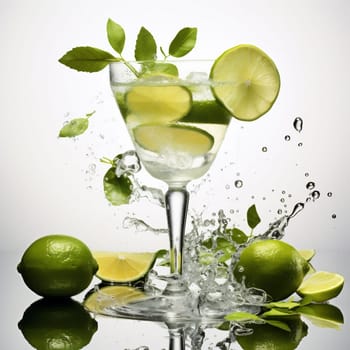 Cocktail Day with Lemon, Lemon Lime and Mint Leaves. Coctail Day with Fruits on White Background.