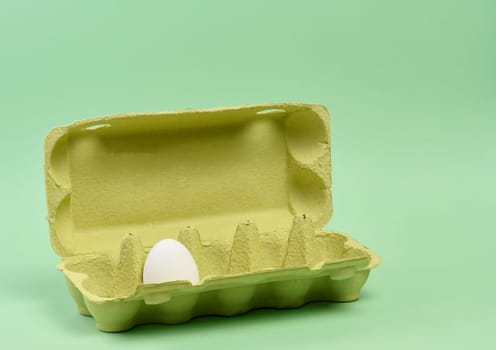 One white egg in a paper box on a green background