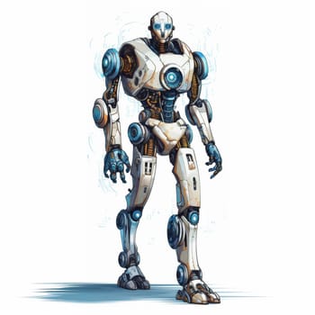 Humanoid Robot Isolated on White Background. Artificial Intelligence Concept. Technology Concept of White and Blue Robot Illustration.