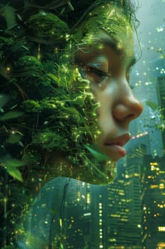 A futuristic portrait of a girl in an ecological world. using eco-future technologies in the ecosystem.