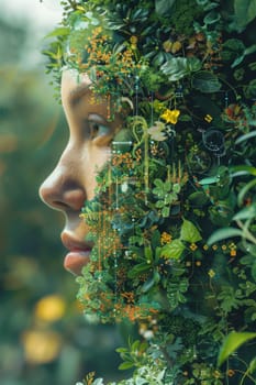 A futuristic portrait of a girl in an ecological world. using eco-future technologies in the ecosystem.