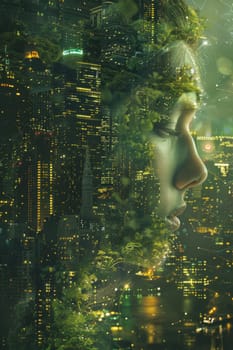 A futuristic portrait of a girl in an ecological world. using eco-future technologies in the ecosystem.