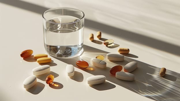 Keeping Well: Assorted Vitamin Tablets and Pills with Glass of Water - Daily Health Supplements on White Surface.