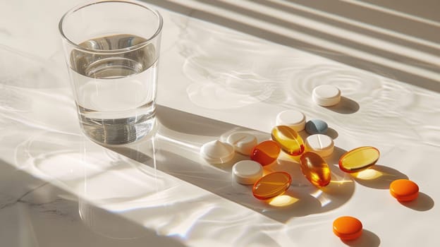 Daily Health Supplements: Neatly Arranged Variety of Vitamin Tablets, Capsules, and Pills with Glass of Water on White Surface.