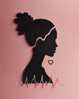 Silhouette of woman's head with heartbeat line and heart on pink background in medical theme and beauty design concept