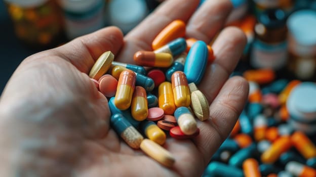 Up close view of hand holding colorful pills and capsules, surrounded by medicine bottles, illustrating vitamins and medication concept.