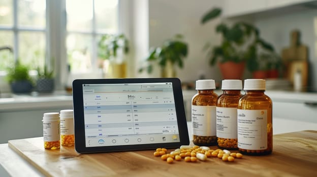 Technology Meets Health: Digital Tablet with Health Data and Supplements on Modern Kitchen Table.