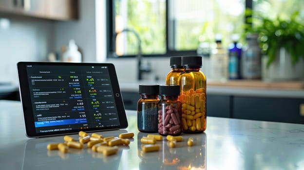 Seamless Wellness Management: Digital Tablet with Health Data and Supplements on Modern Kitchen Table.