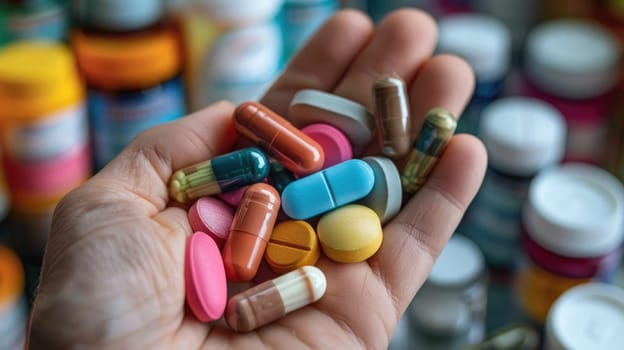 Close-up of Hand Holding Colorful Pills and Capsules with Blurred Medicine Bottles Background - Vitamins and Medication Concept.