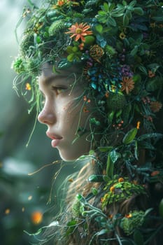 A futuristic portrait of a girl in an ecological world. using eco-future technologies in the ecosystem.