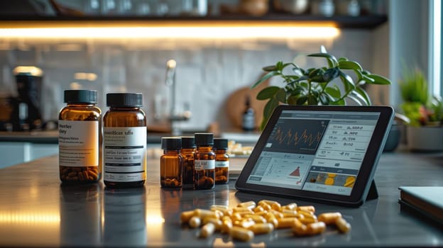Modern Health Management: Digital Tablet with Health Data and Vitamins on Kitchen Table.