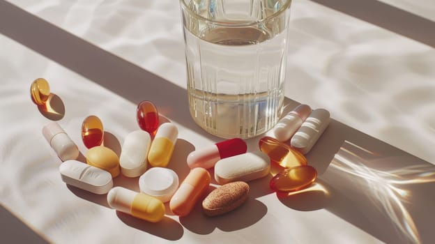 Daily Health Supplements - Assorted Vitamin Tablets, Pills, and Capsules Arranged Neatly with Glass of Water on White Surface.