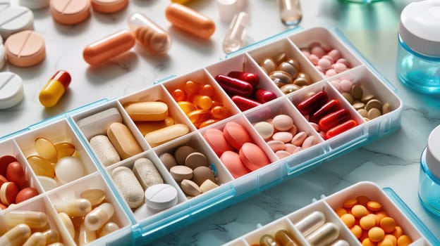 Maintaining a Healthy Routine - Open Pill Organizer with Vibrant Vitamins and Supplements for Daily Medication Regimen.