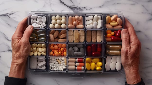 Organized Pill Box with Essential Vitamins and Supplements for Daily Medication Routine.