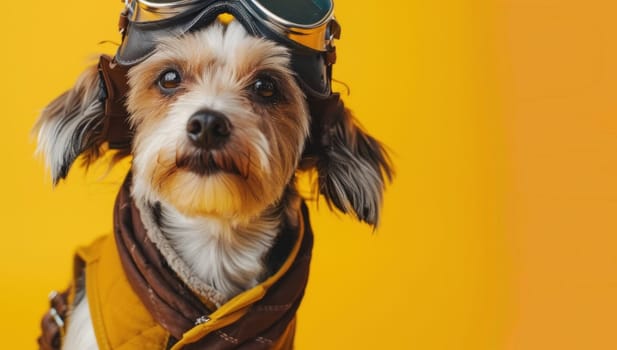 Adorable flying companion a dog in pilot's gear with puppy and puppy dog eyes text on yellow background