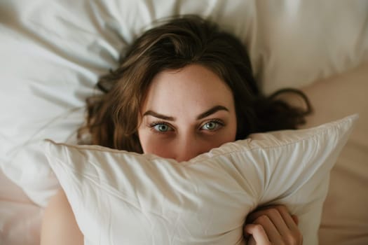 Woman peeking out from under a pillow in bed with wide open eyes, concept of insomnia and stress