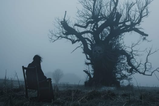 Tranquil moment person sitting on chair in foggy field with tree travel, nature, relaxation, meditation, peace