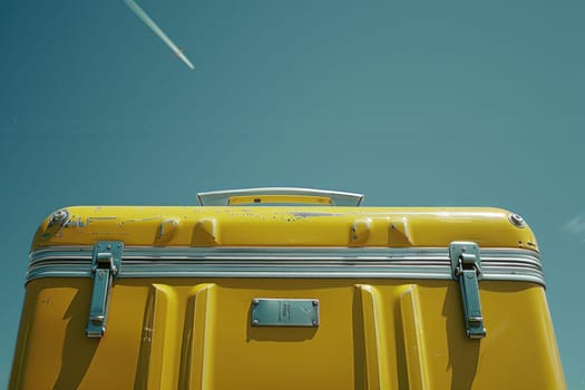 Travel in style with a vibrant yellow suitcase and jet plane flying in the sky