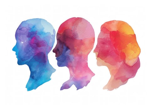 Diverse watercolor portraits of people with colorful heads, artistic illustrations of beauty and individuality