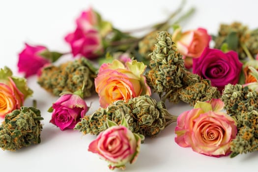 Cannabis buds and roses arranged on white surface as a symbol of beauty and healing