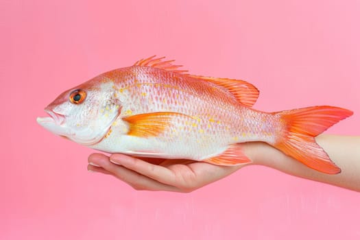 Person holding vibrant orange fish on pink background with copy space for travel beauty art concept