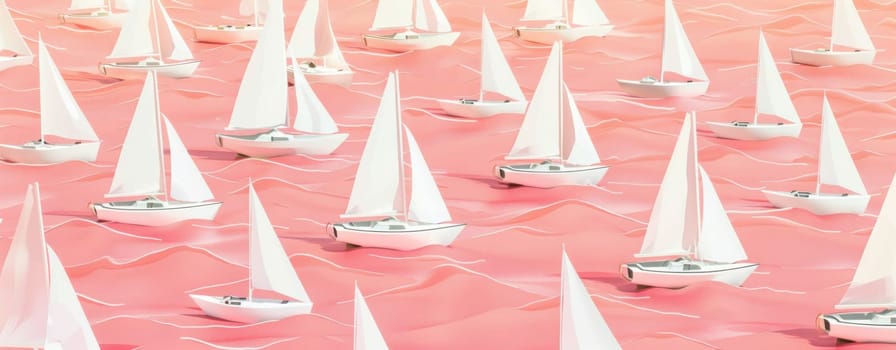 Sailing boats in pink sea sand paper art style 3d illustration for travel and art themes