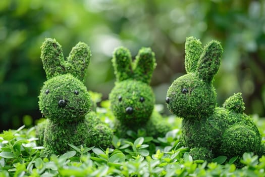 Bunnies topiary bushes grassy area garden travel business fashion beauty art trip visitors nature landscape easter decoration ornamental hedge green grass concept outdoor aesthetic park creativity