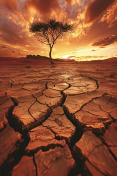 Lone tree in desert landscape with sunset in background, symbolizing strength and resilience amid harsh conditions