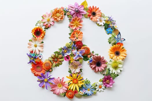 Floral peace sign on white background symbol of peace and harmony with flower arrangement in shape of symbol