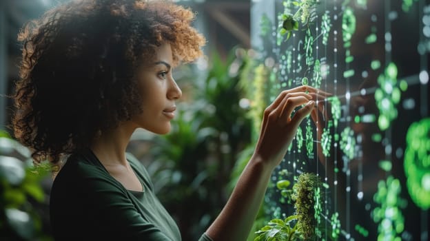 A woman using eco-future technologies in the eco-system. Working in an ecological environment.