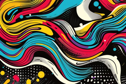 Abstract colorful wave background with dots and swirls, black background creative artistic design for fashion, beauty, and business concept