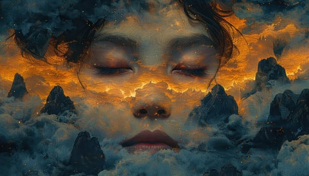 Woman's face covered by clouds serenity and beauty in the sky, a dreamlike journey into tranquility