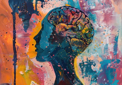 Colorful expression of abstract woman's head with brain centered artistic creation on background of vibrant hues and shapes