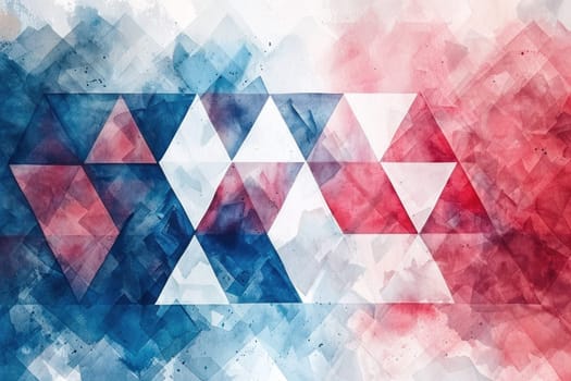 Abstract watercolor geometric background with red, white, and blue triangles, perfect for travel blogs and artistic projects