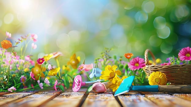 Colorful flowers and garden tools arranged on a wooden table with a blurred natural background.